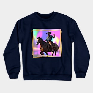 Mounted Cowboy holding his finger up Neon backgrd Crewneck Sweatshirt